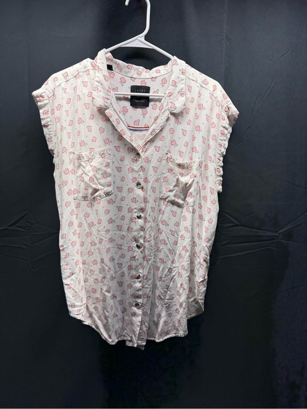 JACHS Girlfriend White Button-Up Cap Sleeve Blouse with Floral Print Sz L (16ao)